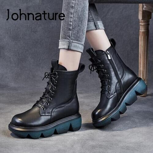 Johnature Winter Women Boots Warm Shoes Genuine Leather 2020 New Zip Round Toe Lace-Up Fashion Leisure Concise Platform Boots