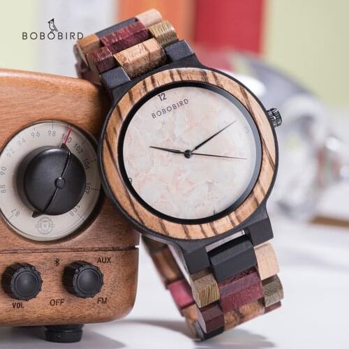 Delicate Wood Watches Men Women Marble Tone Dial Luxury Zebrawood Quartz Timepieces Clock with Adjustable Wooden Strap BOBO BIRD