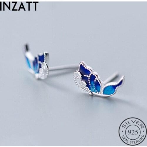 INZATT Real 925 Sterling Silver Blue Enamel Butterfly Stud Earrings For Fashion Woman Cute Fine Jewelry MInimalist Accessories