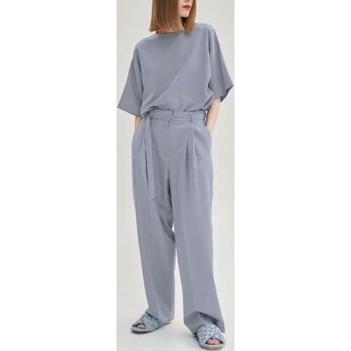Gray Summer Women Set Casual Blue Top Shirt Short Sleeve Loose Wide Leg Pants Suit Ladies Trousers Two Piece Sets Outfits