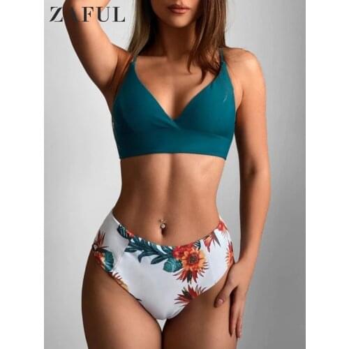 ZAFUL Crisscross High Waist Swimwear 2021 Floral Print Tankini Bikinis Set Women Swimsuit Bathing Suit Maillot de bain femme