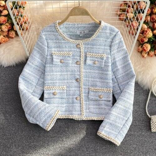 Temperament Autumn Lady Fragrance Style Bright Silk Blue O Neck Single-breasted Long-sleeved Tweed Jacket Tops Fashion Slim Coat