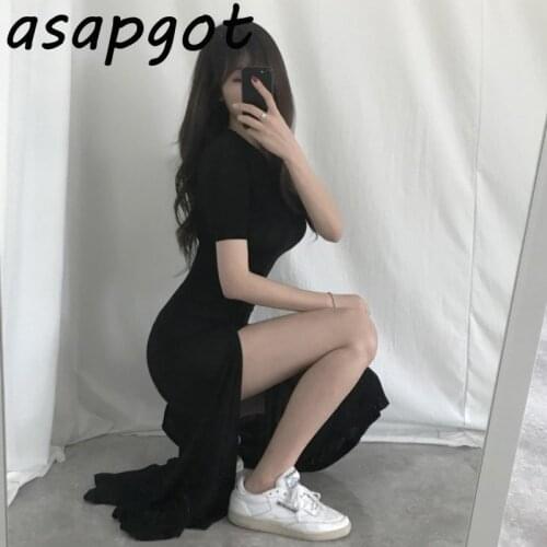 Casual High Elastic Plus Size O Neck Modal Cotton Black Side Split Mermaid Dress Women Short Sleeve Grey Wild Vestido 2021