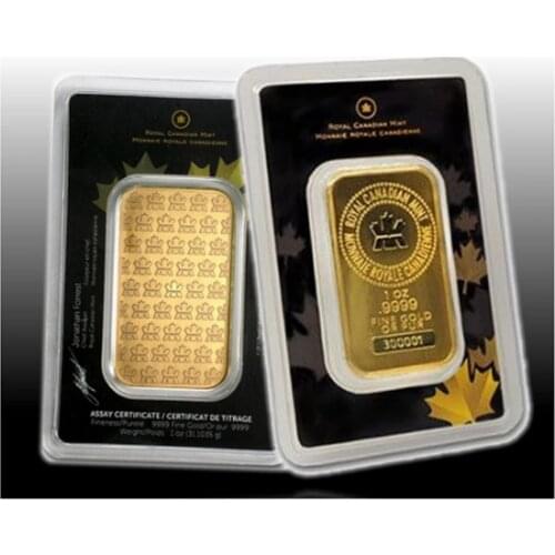 1 oz Gold Bar Royal Canadian Mint RCM 999Gold-plated Sealed in Assay.Blister Individual Serial Number Replica Not Magnetic