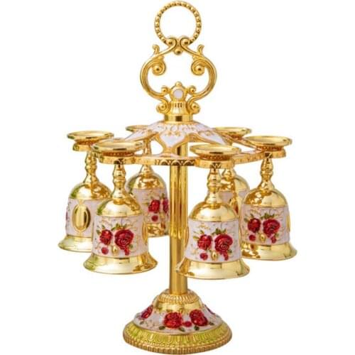 6cups /set European Vintage Metal Engraving Flower Goblet Wine Cup with Holder Display Rack Art Craft Decoration Home Ornaments