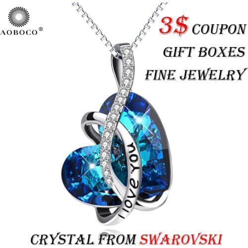 AOBOCO Brand Winding Ribbon Big Blue Heart Pendant Necklace Crystal From Swarovski With Gift Boxes LOVE For Women Fine Jewerlry