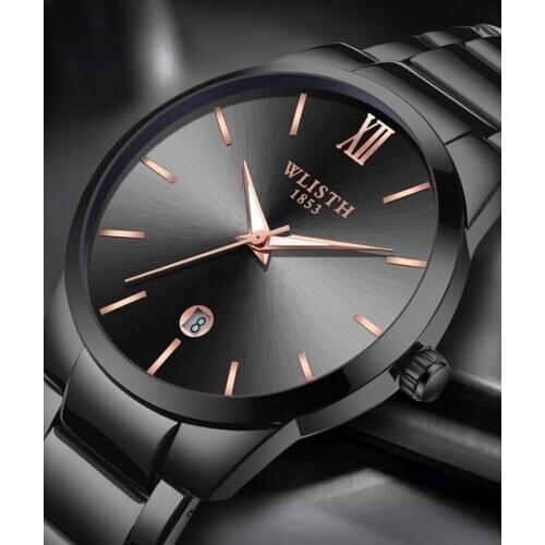 Mens Stainless Steel Black Waterproof Butterfly Buckle Quartz Male Minimalist Top Luxury Brand New Design Wrist Watches For Men