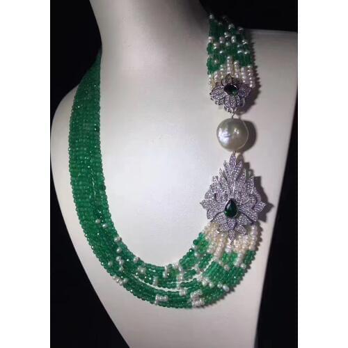 2-3MM green natural agate choker necklace multi layers 925 silver with real pearl fine womne jewelry wedding party necklace