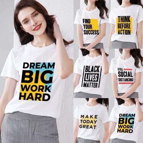 Womens Fashion Summer Casual Breathable T-shirt English Letter Word Printing Series Shirt O-neck Commuter Slim Soft White Top