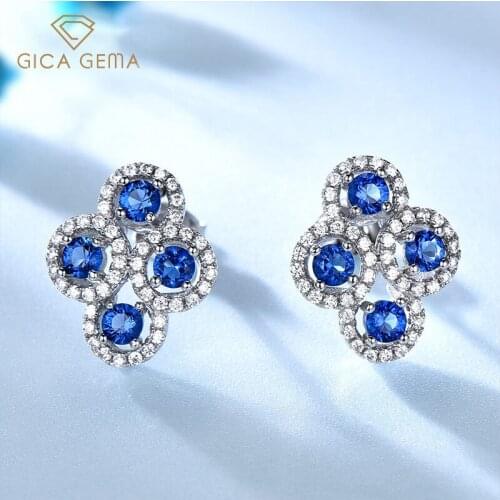GICA GEMA Flower Unusual Earrings For Women Girl Created Nano Sapphire Emerald Real 925 Sterling Silver Ear Stud Wedding Jewelry
