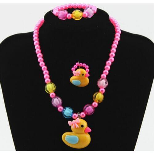 Hot sale 1Set=3pcs Baby Girls Imitation Pearl Beads Cute Yellow Duck Necklace Bracelets rings Kids Children Jewelry Set Gift