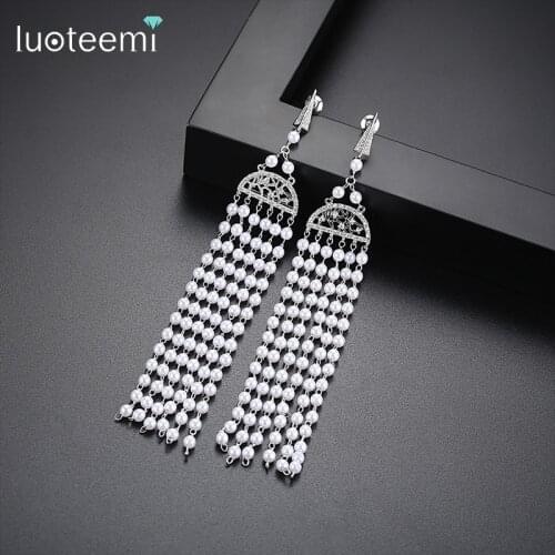 LUOTEEMI New Small Simulated Pearls Beaded Long Chain Tassel Vintage Dangle Earrings For Women Panna mloda kolczyk
