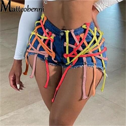 Fashion Girls Denim Shorts Summer 2021 Hottest Zipper Hollow Out Bandage String Tassels High Waist Casual Jeans Street Wear