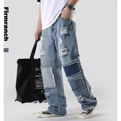 Firmranch Spring/Autumn Ripped Mens Jeans Loose Straight Do Old Patchwork Beggar Jeans Pants Hip-Hop Frilled Trousers