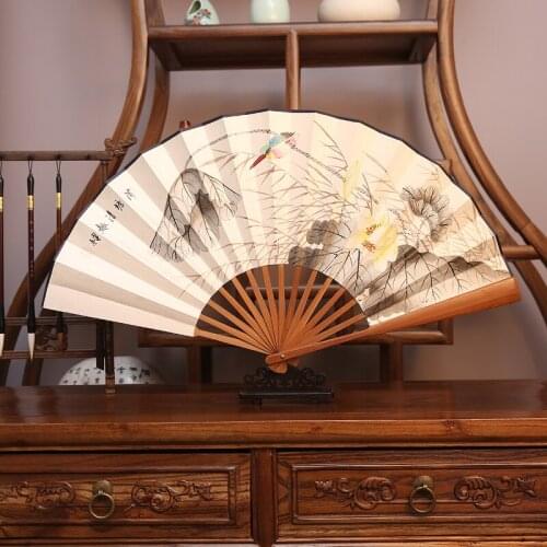 Mens decorative large folding fan Bamboo and wood rice paper printing hand fan outdoor product Home Decoration Gift Folding Fan