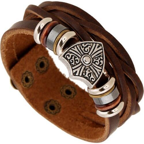 New Arrival Shield Charm Beads Men Bracelet Cow Leather Woven Woven Button Buckle Bracelets for Boy Christmas Gift Male Jewelry
