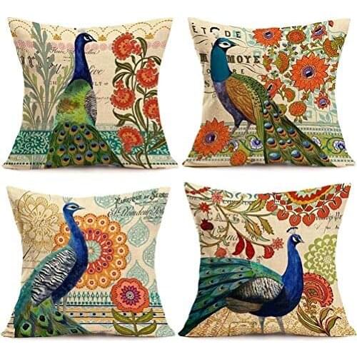 Peacock Throw Pillow Covers Only Decorative Square Pillowcases Cotton Linen Cushion Cover 18 X 18 Inch (Peacock)