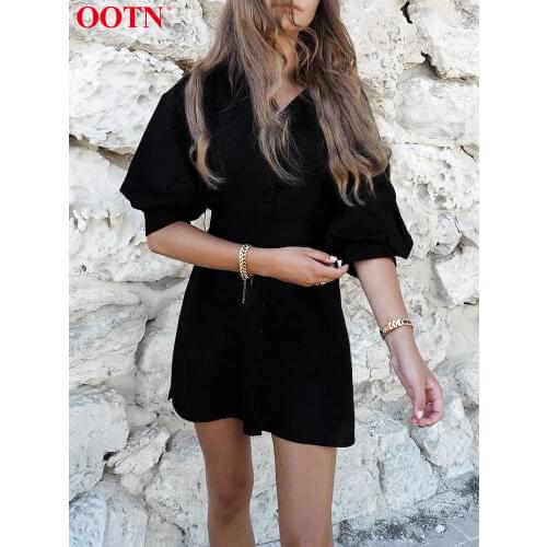OOTN V Neck Cotton Linen Dress Lantern Sleeve Black Casual Ladies Shirt Dress White Spring Summer Women Dresses Beach Vacation