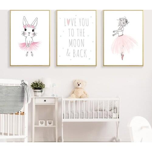 Pink Rabbit Ballet Girl Poster Printing Canvas Wall Art Children Room Decoration Bedroom Living Room Background Wall Painting