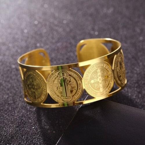 Religious San Benito Bracelet Bangle Adjustable Gold Stainless Steel Catholic St Benedict Medal Bangles for Women Jewelry