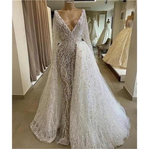 Luxury Mermaid Wedding Dresses With Detachable Overskirt V Neck Sequins Beaded Wedding Dress Long Sleeve Bridal Robes De Mariée