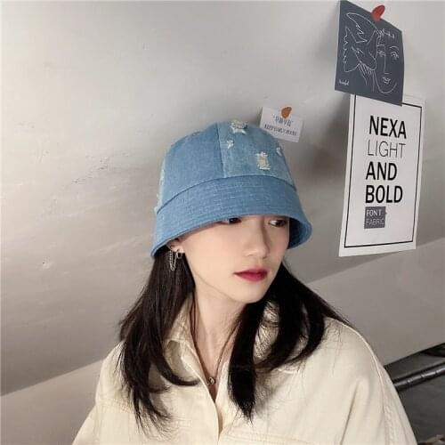 Chic Bucket Hat Jean Women Spring Summer Worned Denim Blue Bob Hats Sun Protection Short Brim Fisherman Caps Streetwear Cloche
