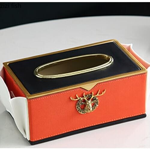 Resin Leather Rectangular Tissue Box Metal Deer Decoration Multifunction Remote Control Storage Box Napkin Holder Tissue Boxes