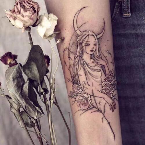 Evil Girl And Rose Waterproof Fake Tatto Stickers For Men Women Water Transfer Temporary Tattos Body Art Flash Decals