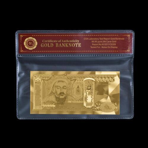 WR Promotional Gift Gold Mongolia Banknote 10000 Montu for Gold Foil with COA PVC Frame Business Gifts Worth Collection