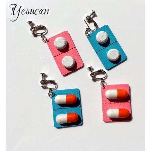 Hyperbole Man funny Ear Clip Earrings jewelry gift Women girl creative wooden capsule Clip earrings lovely pills medicine