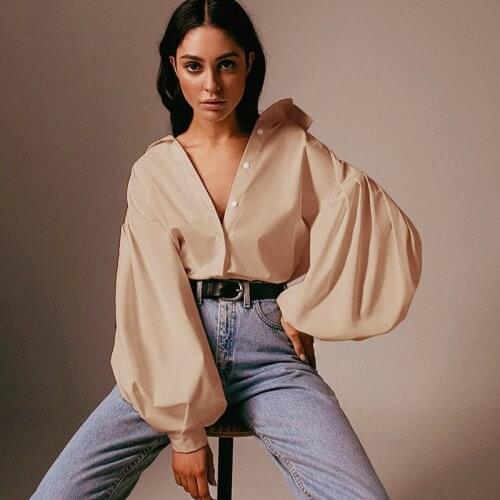 Lady Long Lantern Sleeve Elegant Blouse Loose Shirt Women White Casual Button Vintage Turn Down Collar Office Lady Shirt Female