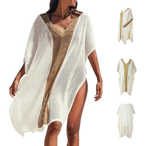Women Hollow-out Bikini Cover Ups, Contrast Color See-through Side Split Dress for Summer 2021 New Fashion