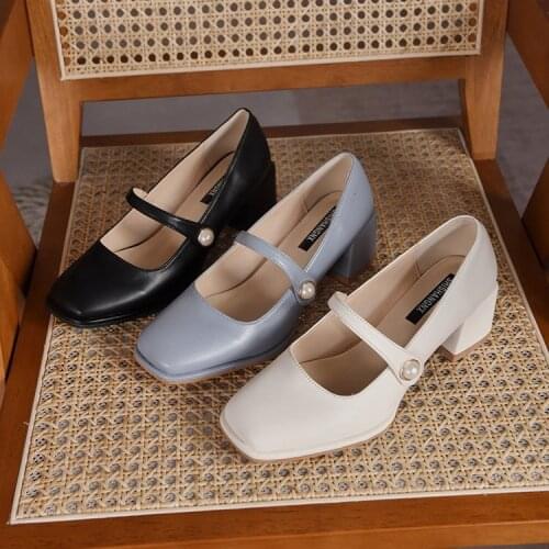 2021New Fashion Women Shoes Square Toe Mary Janes Shoes Square Heel Dress Shoes Pearl Buckle Pumps High Heels Office Shoe