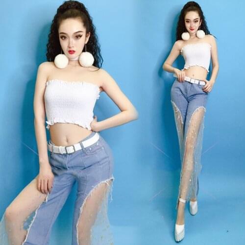 Jazz Costumes Lady White Elastic Tube Top Lace Stitching Jeans Hip Hop Clothing Nightclub Bar Singer Dj Ds Rave Wear DNV13130