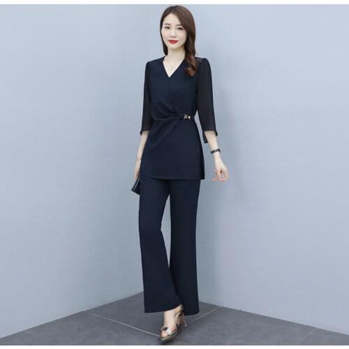 2021 Summer New Women Set Korean V neck Thin Tops Wide Leg Pant Two Piece Sets High Quality Ladies Fashion Suit Clothes