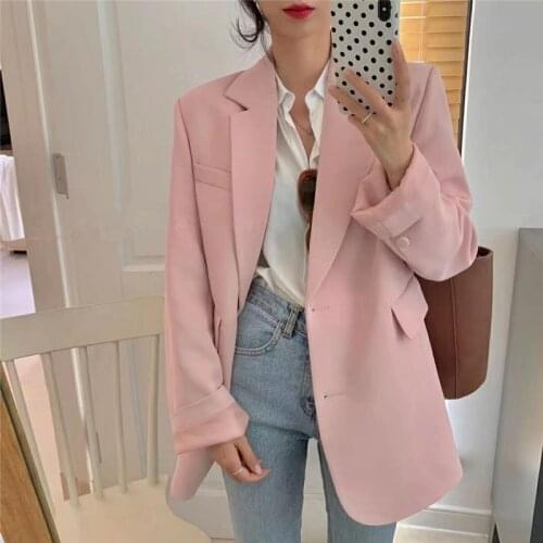 2021 Fall Loose Single-breasted Women Pink Blazers Notched Collar Long Sleeve Female Jackets Ladies Suit Coats Outerwear C011