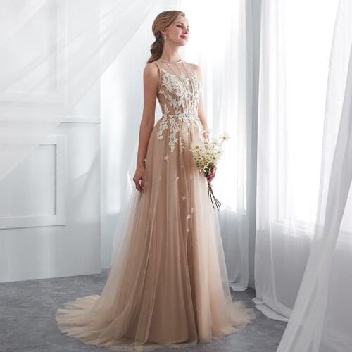 Champange Prom Dress Women Tulle Evening Gown Lace Appliqued A Line Floor Length Long Bridal Dresses