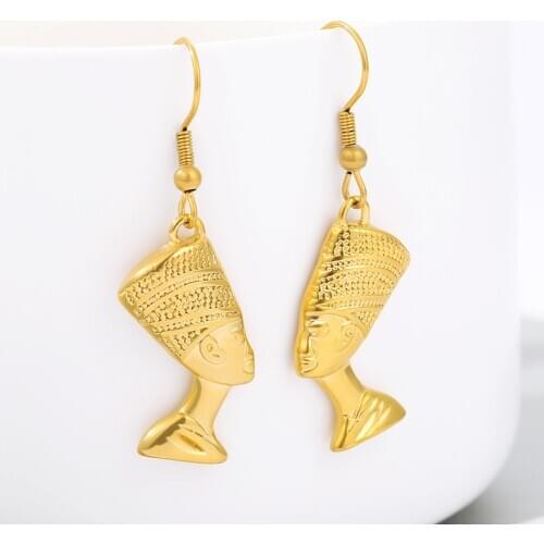 Gold Egyptian Queen Nefertiti Stud Earrings For Women Girls Gothic Stainless Steel Cleopatra Drop Earrings African Jewelry Gifts