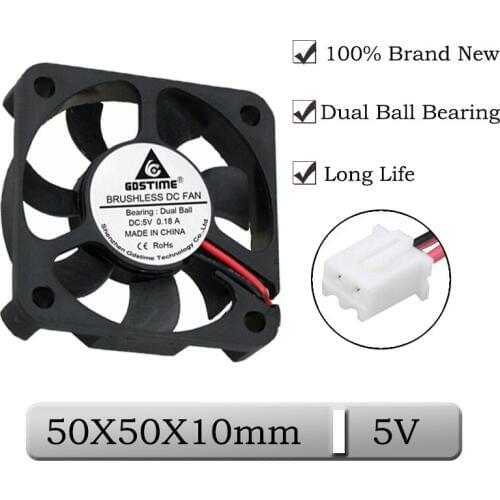 1pcs Gdstime DC 5V 2Pin 50x50x10mm 50mm Ball Bearing Case CPU Brushless Cooling Fan 5cm 5010 Mini 3D Printer Exhaust Cooler
