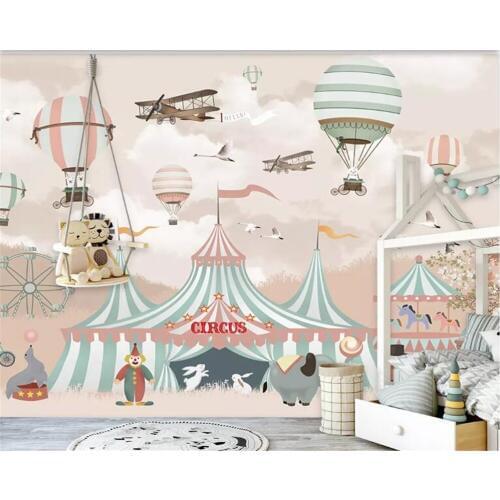 Beibehang Large 3d Wallpaper Cartoon Hot Air Balloon Airplane Animal Pup Circus Playground Background Wall 3d wallpaper behang