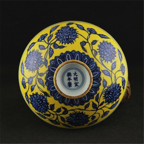 Antique MingDynasty porcelain bowl,Yellow ground blue & white flower bowl,Hand-painted crafts,Collection&Adornment,Free shipping