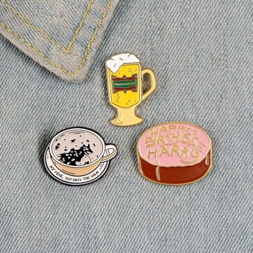 Birthday cake Beer Coffee cup Enamel Brooches Festival celebration Party Life food Pins Lapel shirt symbol badge jewelry Gift