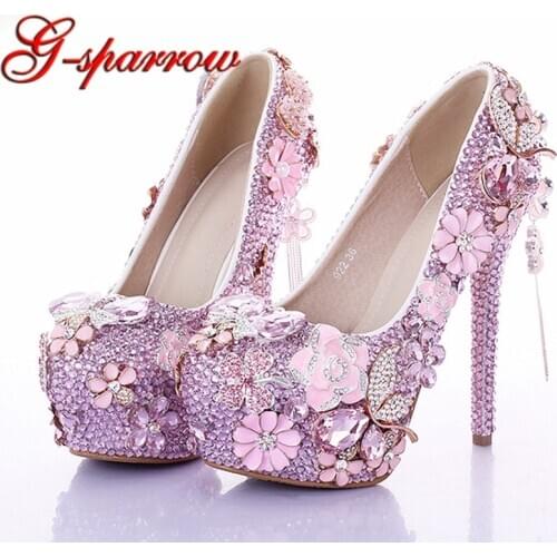 2018 Customized Pink Diamond Wedding Dress Shoes Luxury Bridal Shoes Crystal Rhinestone Shoes Handmade Unique Design Shoes