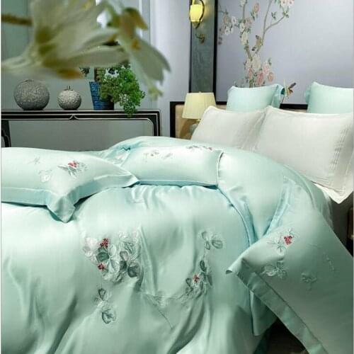 Chinese Style Solid Green Duvet Cover Silky Tencel Embroidered 4Pcs Comforter Bedding Set King Queen Size Linen And Sheet Quilt
