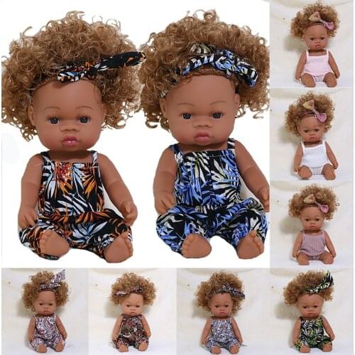 35cm Black Reborn Baby Doll Waterprrof Baby Doll with Summer Dress Full Silicone African Reborn Bebe Toys Girl Curl Hair Doll