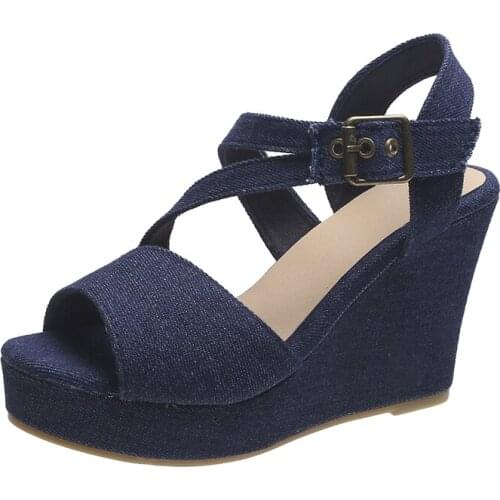 Larged-Sized 43 Korean Summer Woman Denim Cloth High Heel 10CM Wedges Slingback Sandals Platform Open Toe Sandalis Calzado Shoes