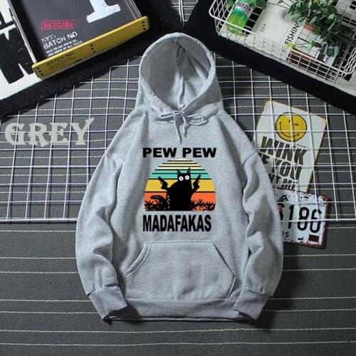 Fashion Mens Funny Printed Cat Pew Pew Madafakas Hoodies Unisex Hooded Women Long Sleeve Pullovers Sweatshirts Casual Clothing