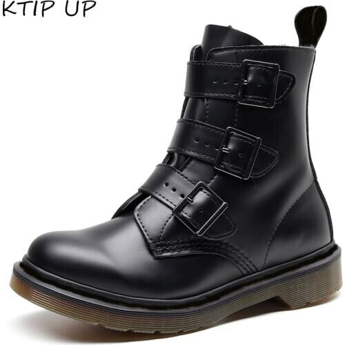 Fashion Gothic Black Genuine Leather Hasp Ankle Boots for Women Spring Autumn Shoes Woman Punk Motorcycle Boots Women Shoes