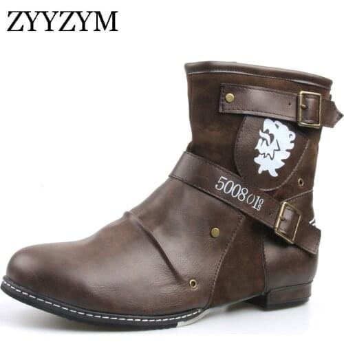 ZYYZYM Men Boots Pu Leather Fashion Buckle Strap Dress New Shoe Ankle Vintage Classic Male Casual Zapatos De Hombre