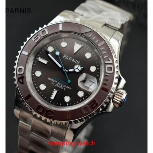 Parnis 40mm Green luminous Coffee ceramics bezel Coffee dial sapphire glass date GMT Automatic movement mens watch E2406